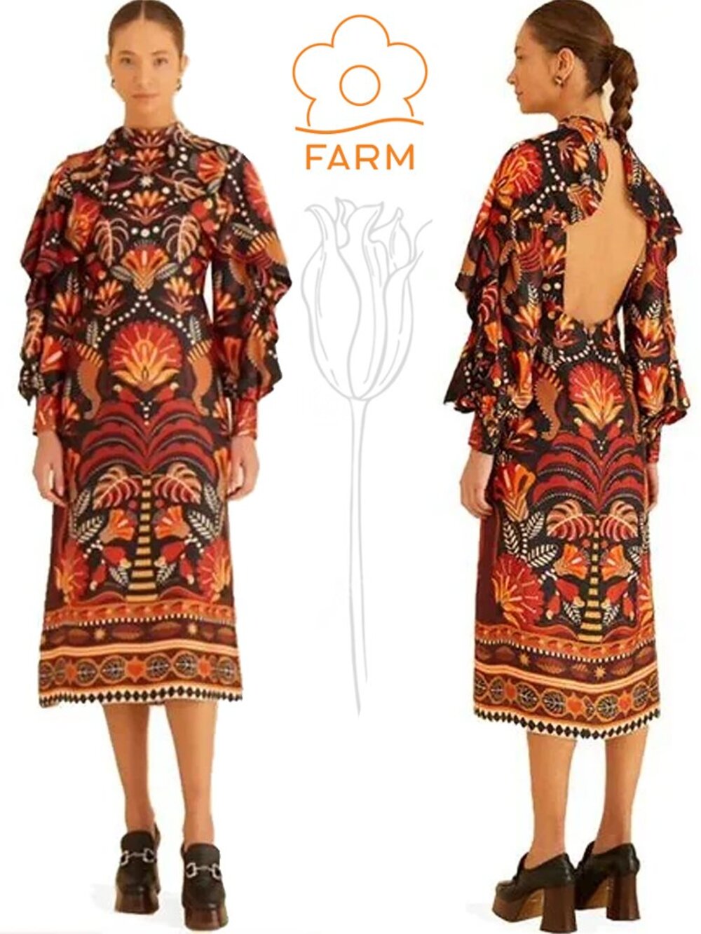 Farm Rio Red Nature Beauty Scarf Backless Midi Dress